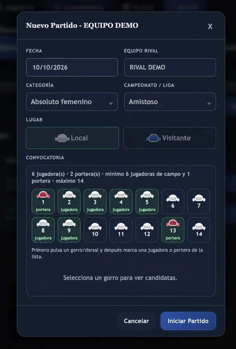 Entrenador/a · Nuevo partido en WP Player Stats