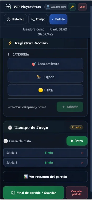 Jugador/a · Introducción de datos desde el móvil en WP Player Stats