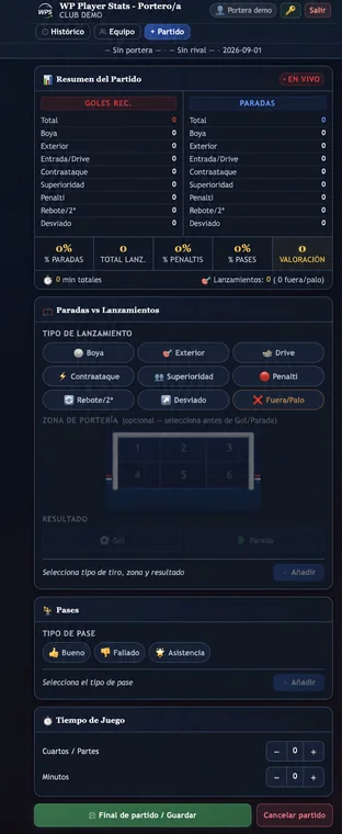 Portero/a · Pantalla principal antes del partido en WP Player Stats